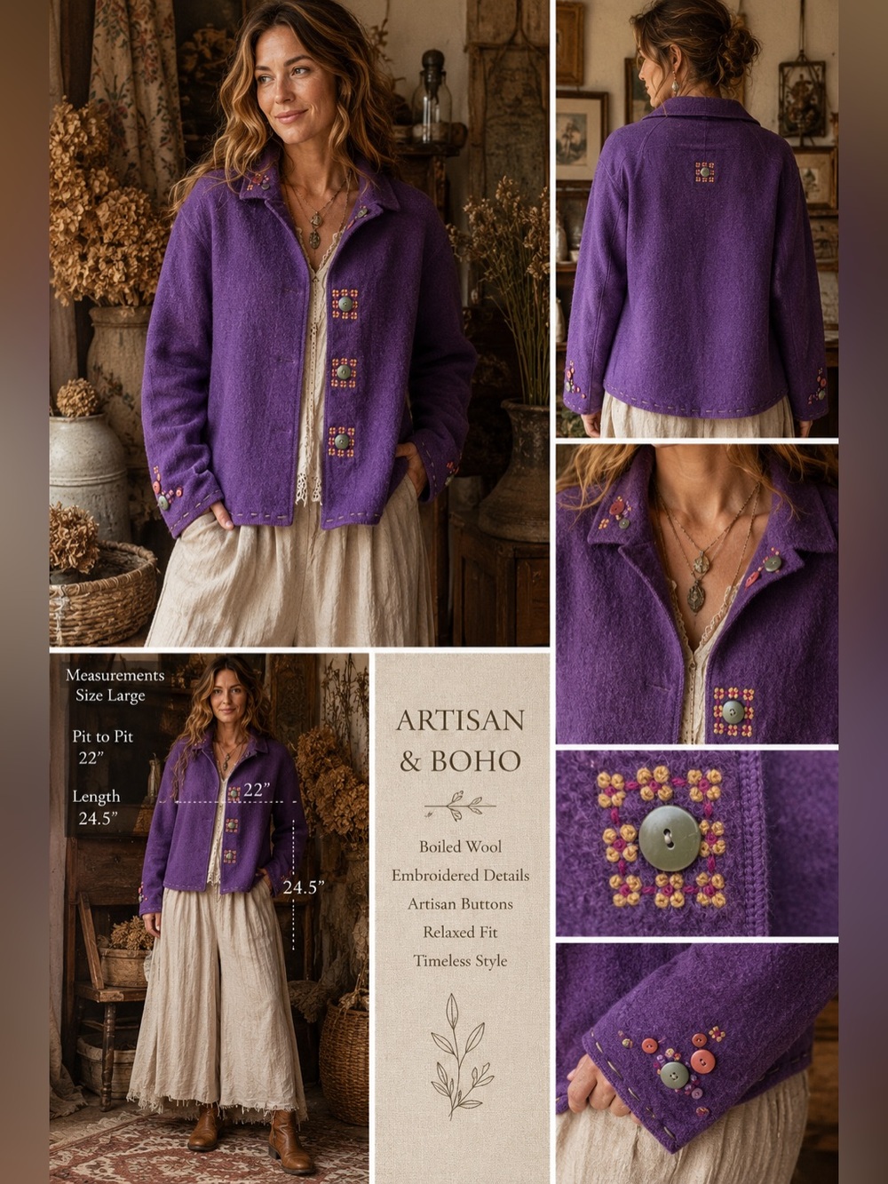 Nomadic Traders Purple Boiled Wool Embroidered Boho Jacket L Artisan Coat